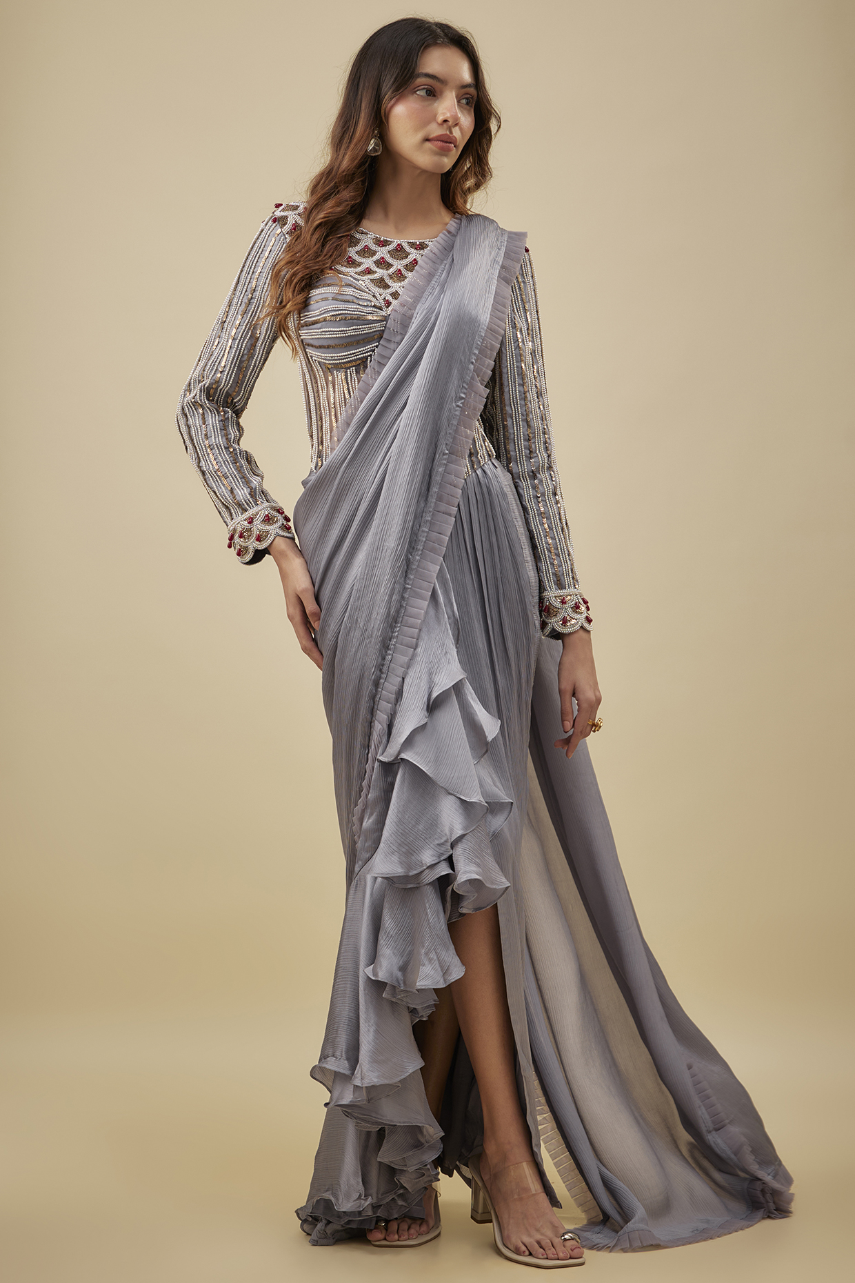 Grey Satin & Chiffon Ruffled Stitched Reception Saree Set by NAS at Pernia's Pop Up Shop