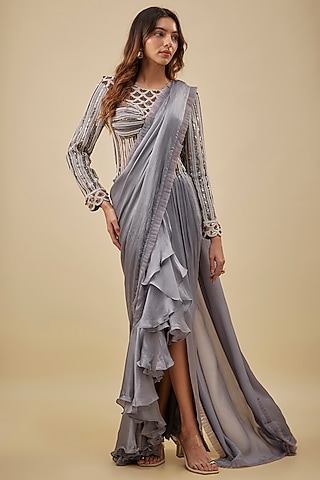 Grey Satin & Chiffon Ruffled Stitched Saree Set by NAS