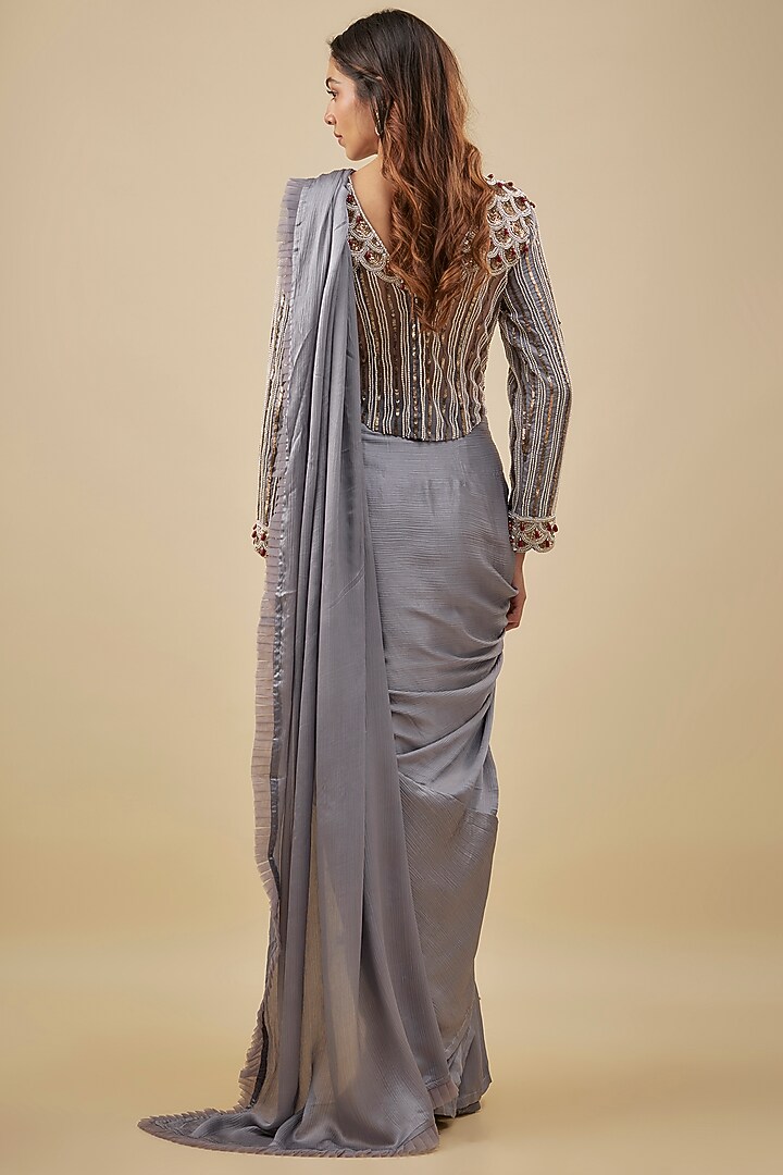 Grey Satin & Chiffon Ruffled Stitched Reception Saree Set by NAS at Pernia's Pop Up Shop