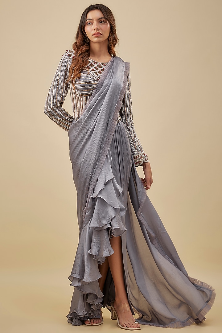 Grey Satin & Chiffon Ruffled Stitched Reception Saree Set by NAS at Pernia's Pop Up Shop