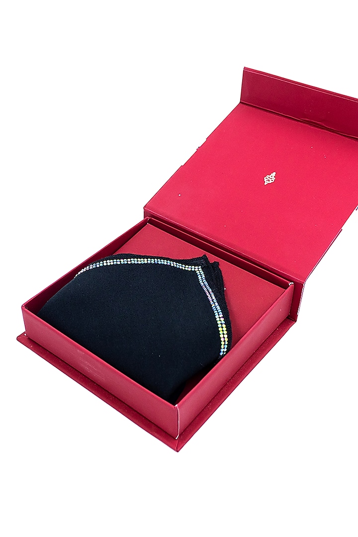 Black Twill Silk Diamante Stud Embellished Pocket Square by S&N by Shantnu Nikhil Men