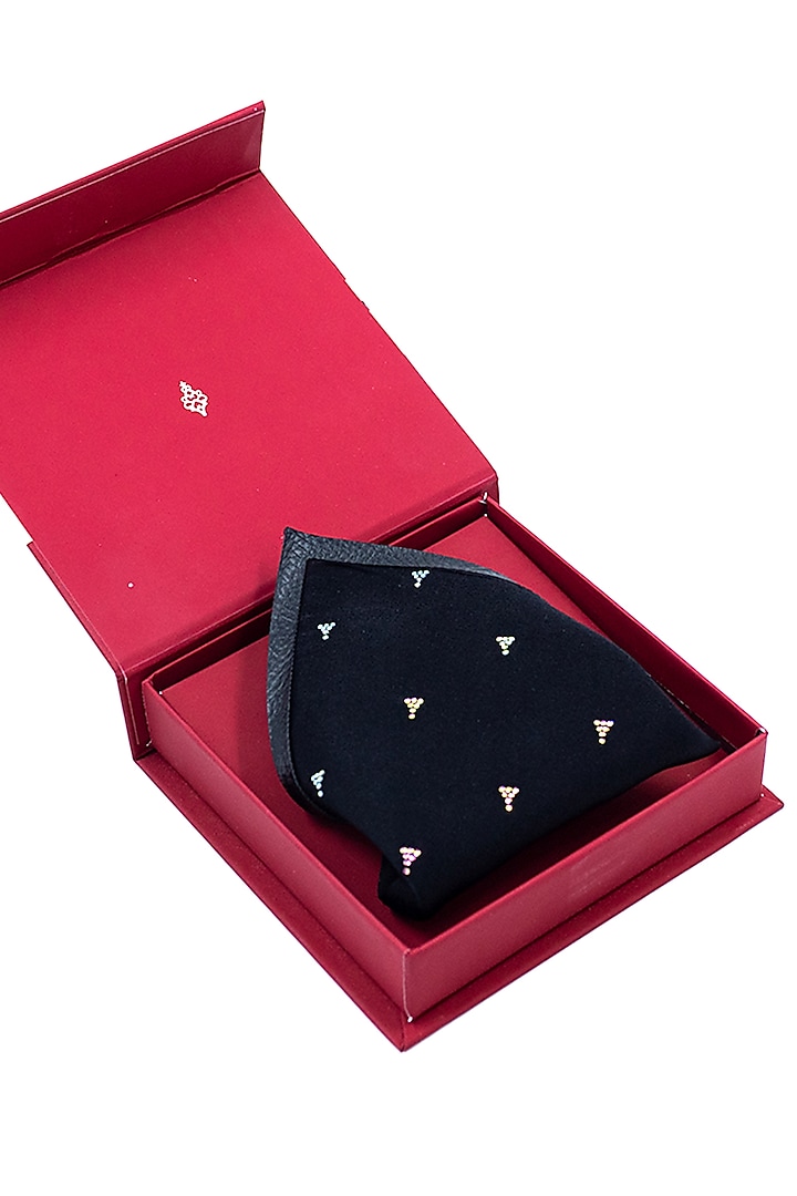 Black Twill Silk Diamante Stud Embellished Pocket Square by S&N by Shantnu Nikhil Men