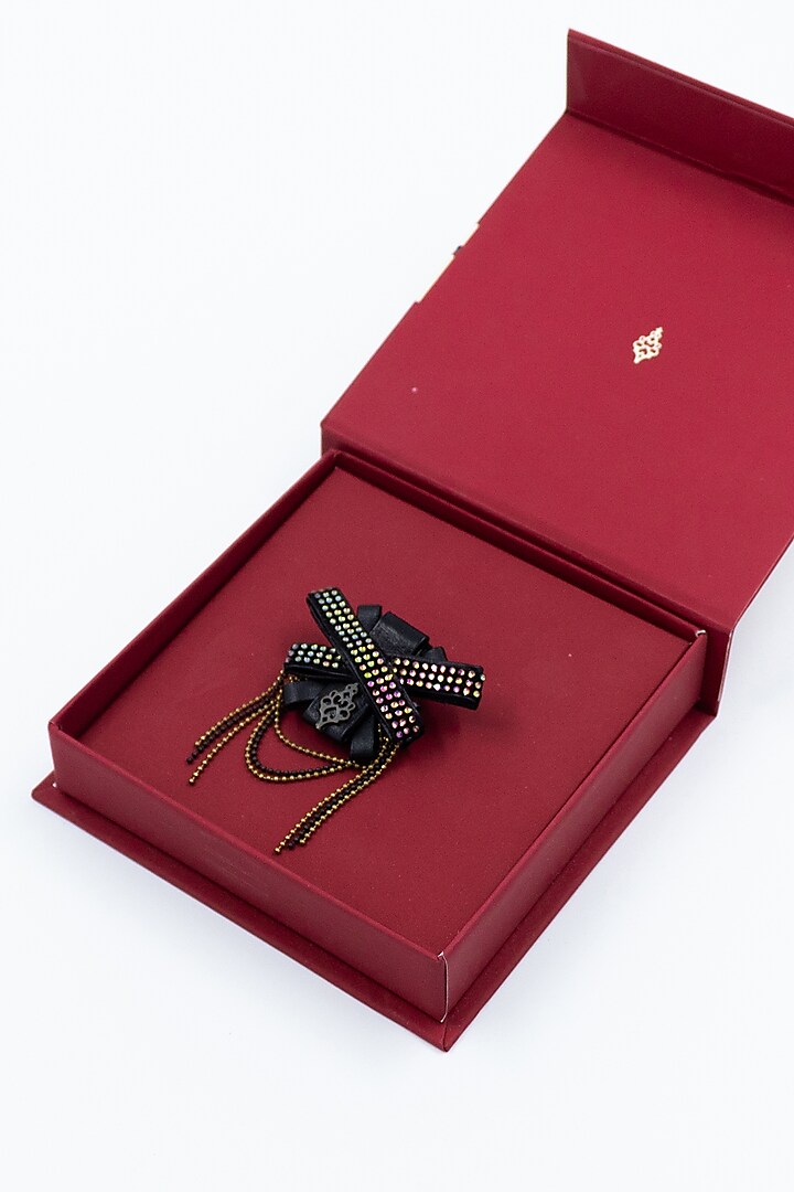Black Leather Diamante Embellished Brooch by S&N by Shantnu Nikhil Men