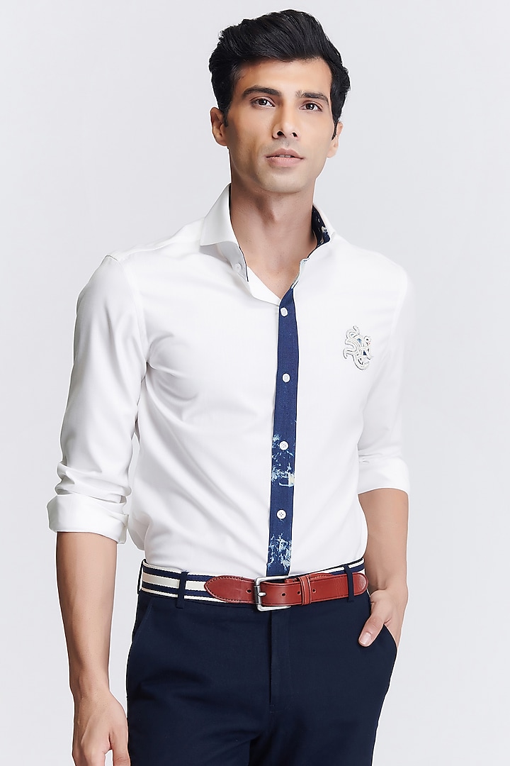 Off-White Suiting Fabric Embroidered Shirt by S&N by Shantnu Nikhil Men