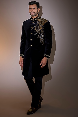 Midnight Blue Cotton Velvet Zardosi Embroidered Sherwani by Shantnu & Nikhil Men