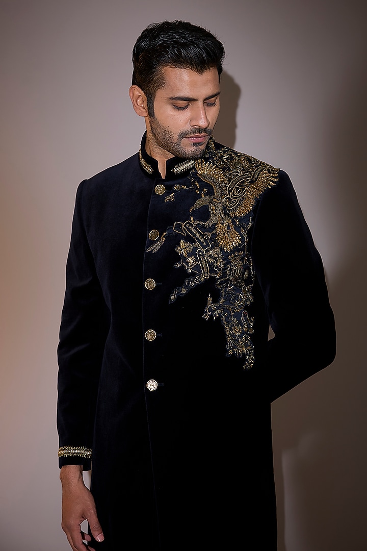 Midnight Blue Cotton Velvet Zardosi Embroidered Groom Sherwani by Shantnu & Nikhil Men at Pernia's Pop Up Shop