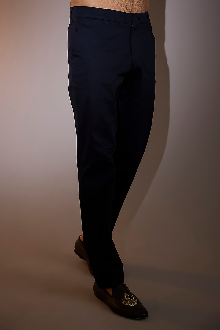 Midnight Blue Cotton Stretch Lycra Trousers by Shantnu & Nikhil Men at Pernia's Pop Up Shop