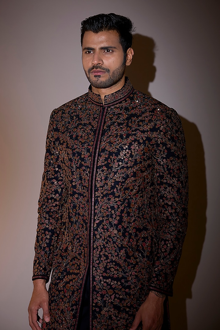 Midnight Blue Crushed Georgette Zardosi Embroidered Groom Sherwani by Shantnu & Nikhil Men at Pernia's Pop Up Shop