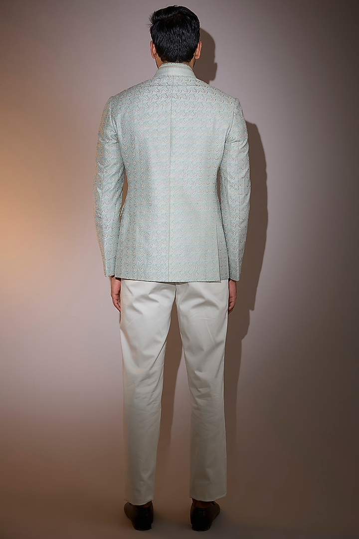 Dusty Mint Chanderi Machine Embroidered Groom Bandhgala by Shantnu & Nikhil Men at Pernia's Pop Up Shop