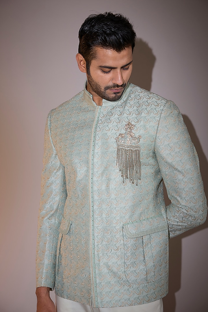 Dusty Mint Chanderi Machine Embroidered Groom Bandhgala by Shantnu & Nikhil Men at Pernia's Pop Up Shop