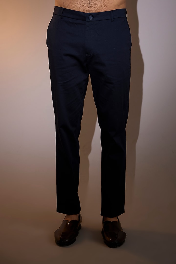 Midnight Blue Cotton Stretch Lycra Straight-Fit Trousers by Shantnu & Nikhil Men at Pernia's Pop Up Shop