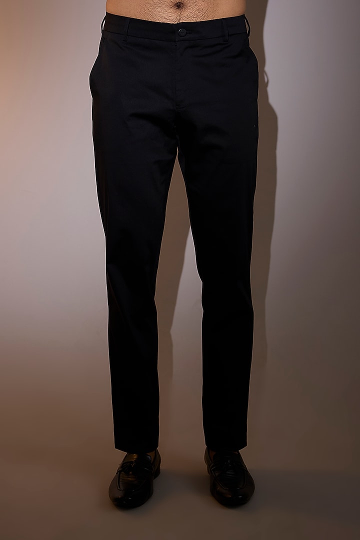 Obsidian Black Cotton Stretch Lycra Straight-Fit Trousers by Shantnu & Nikhil Men at Pernia's Pop Up Shop