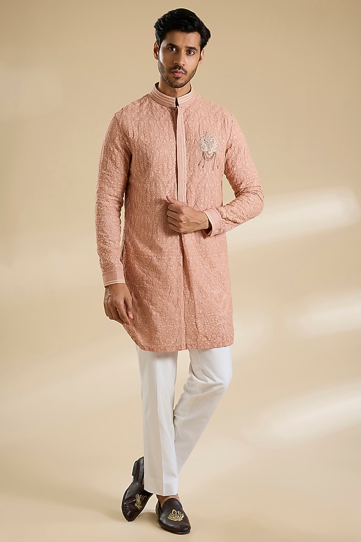 Dark Coral Sand Poly Textured Kurta by Shantnu & Nikhil Men at Pernia's Pop Up Shop