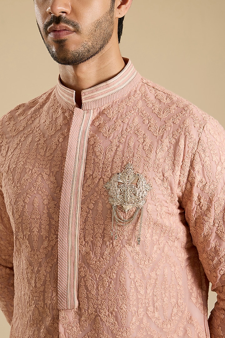 Dark Coral Sand Poly Textured Kurta by Shantnu & Nikhil Men at Pernia's Pop Up Shop