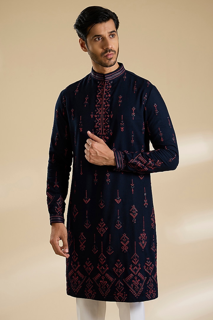 Galaxy Blue Poly Embroidered Textured Kurta by Shantnu & Nikhil Men