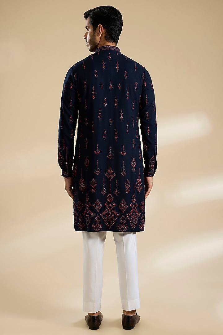 Galaxy Blue Poly Embroidered Textured Kurta by Shantnu & Nikhil Men at Pernia's Pop Up Shop