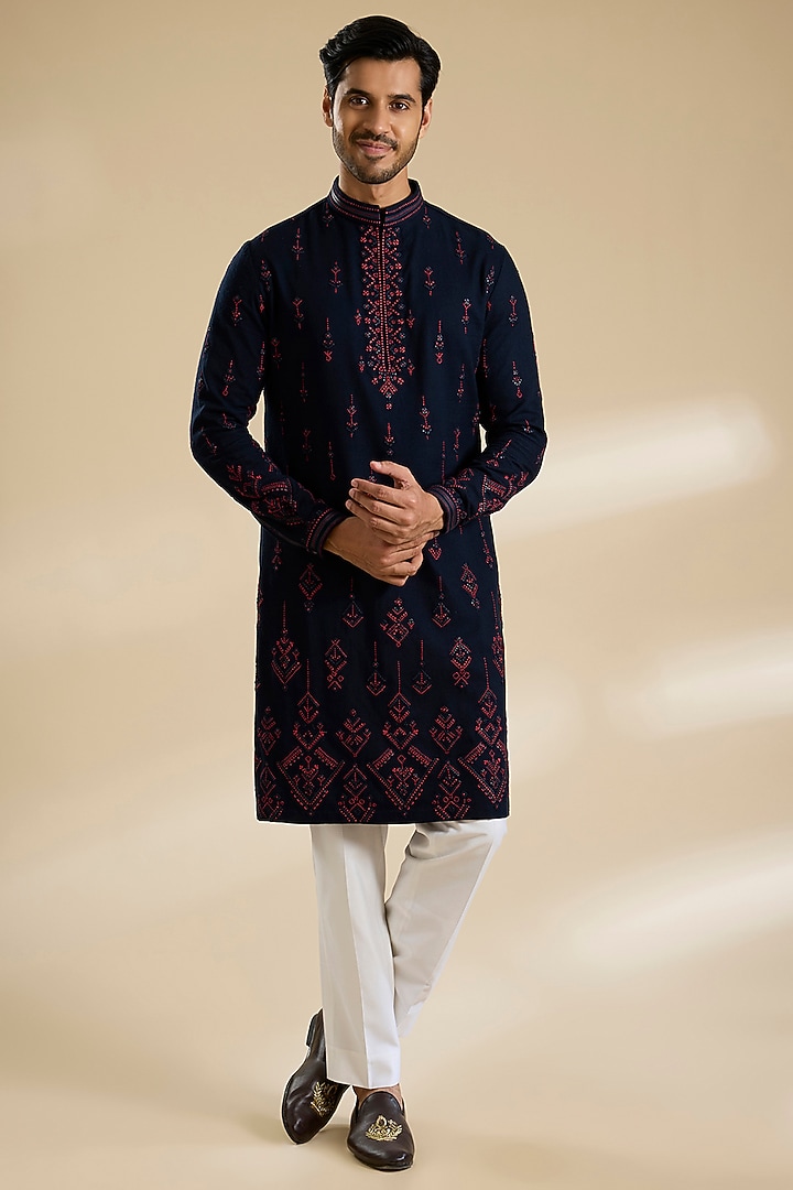 Galaxy Blue Poly Embroidered Textured Kurta by Shantnu & Nikhil Men at Pernia's Pop Up Shop