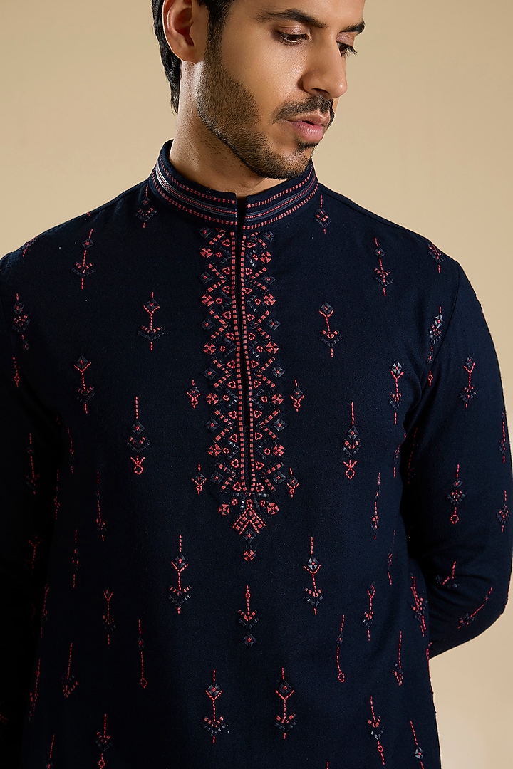 Galaxy Blue Poly Embroidered Textured Kurta by Shantnu & Nikhil Men at Pernia's Pop Up Shop