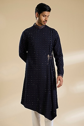 Galaxy Blue Poly Embroidered Textured Kurta by Shantnu & Nikhil Men