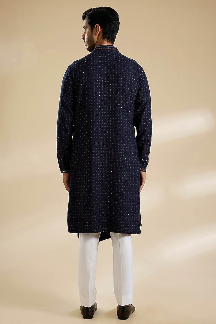 Galaxy Blue Poly Embroidered Textured Kurta by Shantnu & Nikhil Men at Pernia's Pop Up Shop