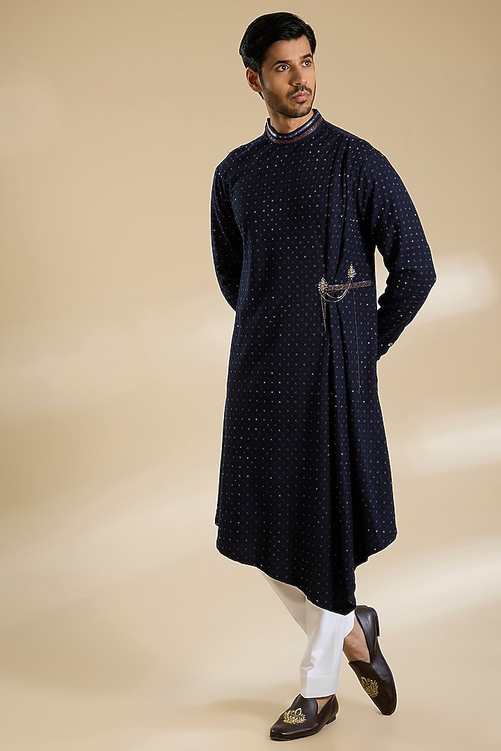 Galaxy Blue Poly Embroidered Textured Kurta by Shantnu & Nikhil Men at Pernia's Pop Up Shop