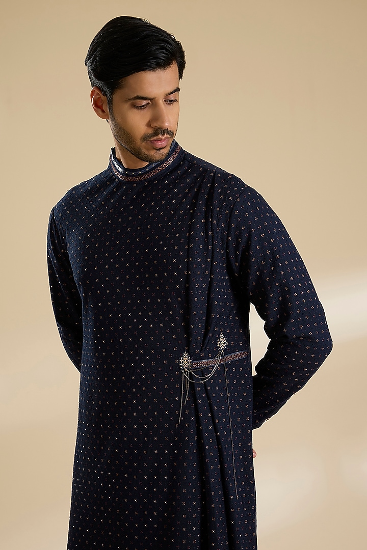 Galaxy Blue Poly Embroidered Textured Kurta by Shantnu & Nikhil Men at Pernia's Pop Up Shop