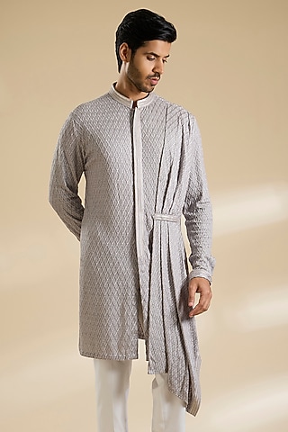 Sand Grey Poly Embroidered Textured Kurta by Shantnu & Nikhil Men