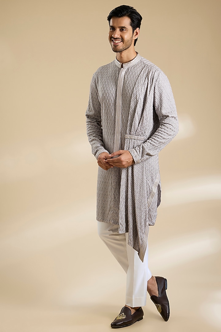 Sand Grey Poly Embroidered Textured Kurta by Shantnu & Nikhil Men at Pernia's Pop Up Shop