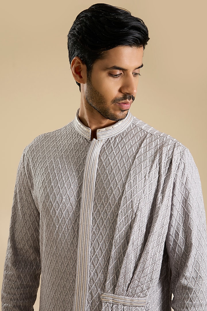 Sand Grey Poly Embroidered Textured Kurta by Shantnu & Nikhil Men at Pernia's Pop Up Shop