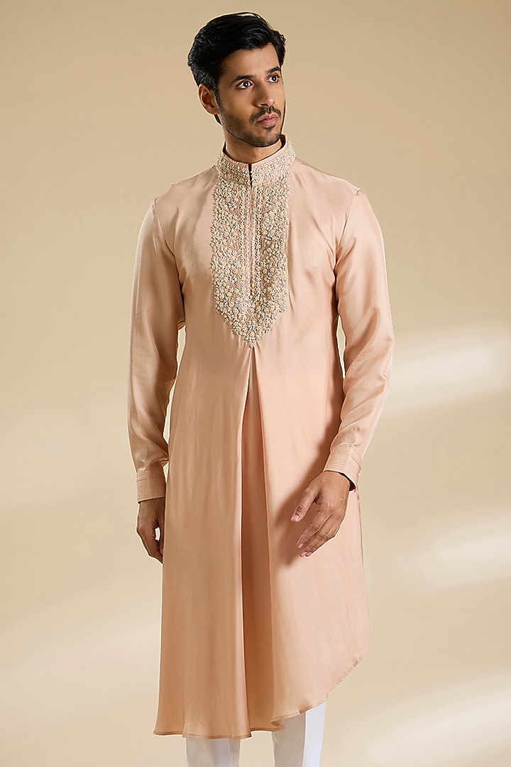 Rose Quartz Poly Embroidered Textured Kurta by Shantnu & Nikhil Men