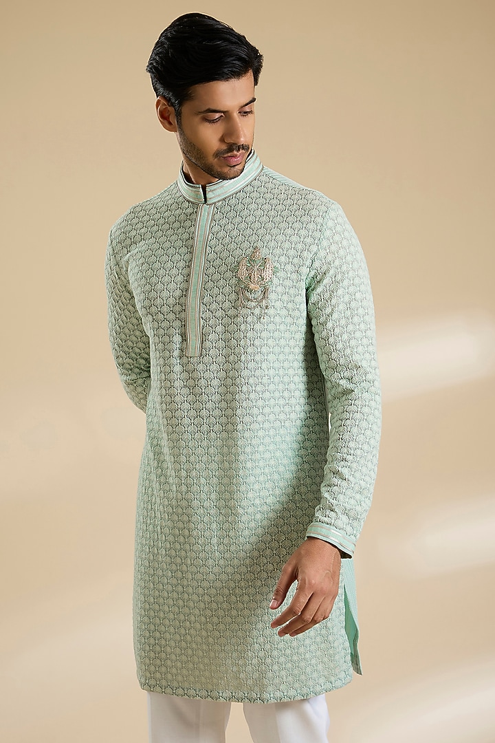 Aquamarine Georgette Embroidered Kurta by Shantnu & Nikhil Men