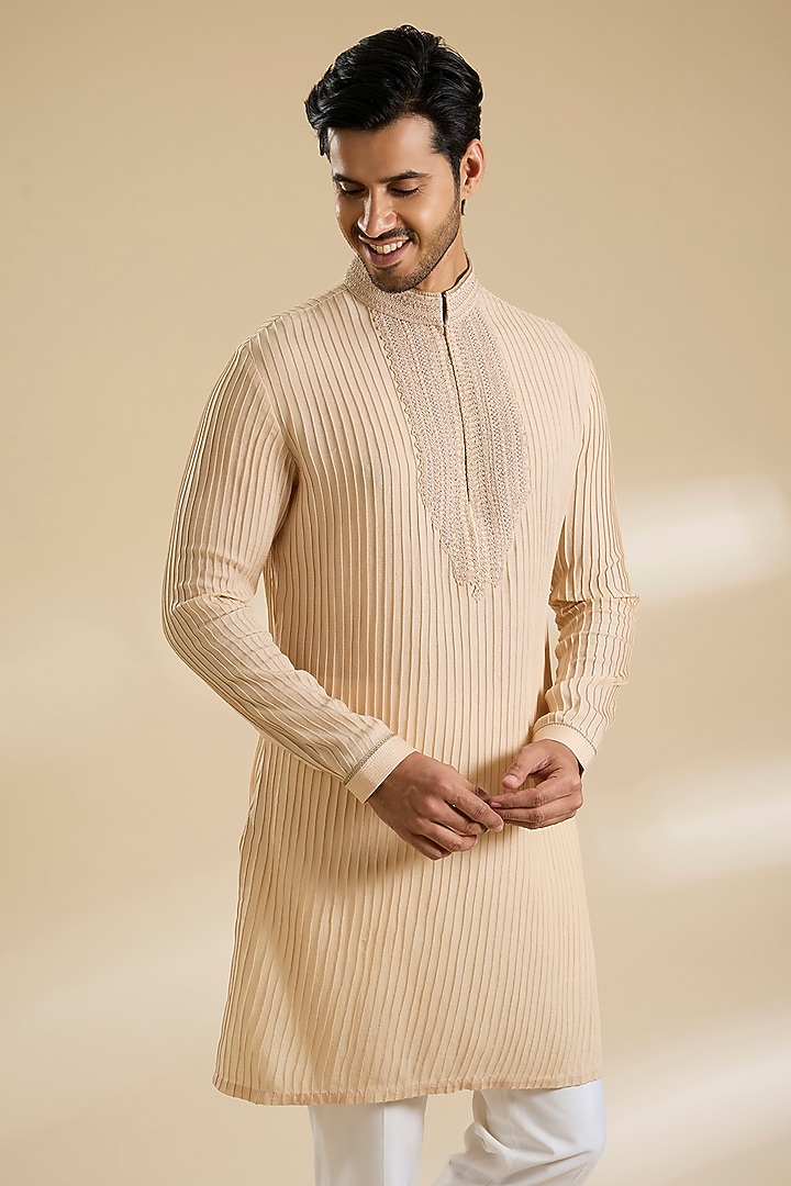 Macadamia-Colored Poly Embroidered Textured Kurta by Shantnu & Nikhil Men