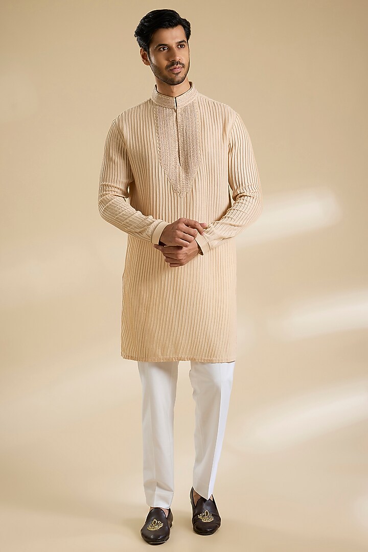 Macadamia-Colored Poly Embroidered Textured Kurta by Shantnu & Nikhil Men at Pernia's Pop Up Shop