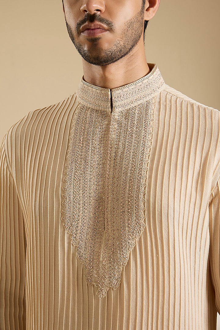Macadamia-Colored Poly Embroidered Textured Kurta by Shantnu & Nikhil Men at Pernia's Pop Up Shop