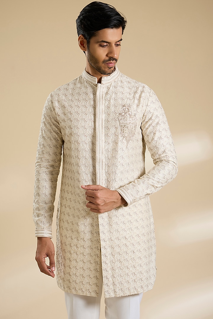 White Sand Poly Textured Kurta by Shantnu & Nikhil Men