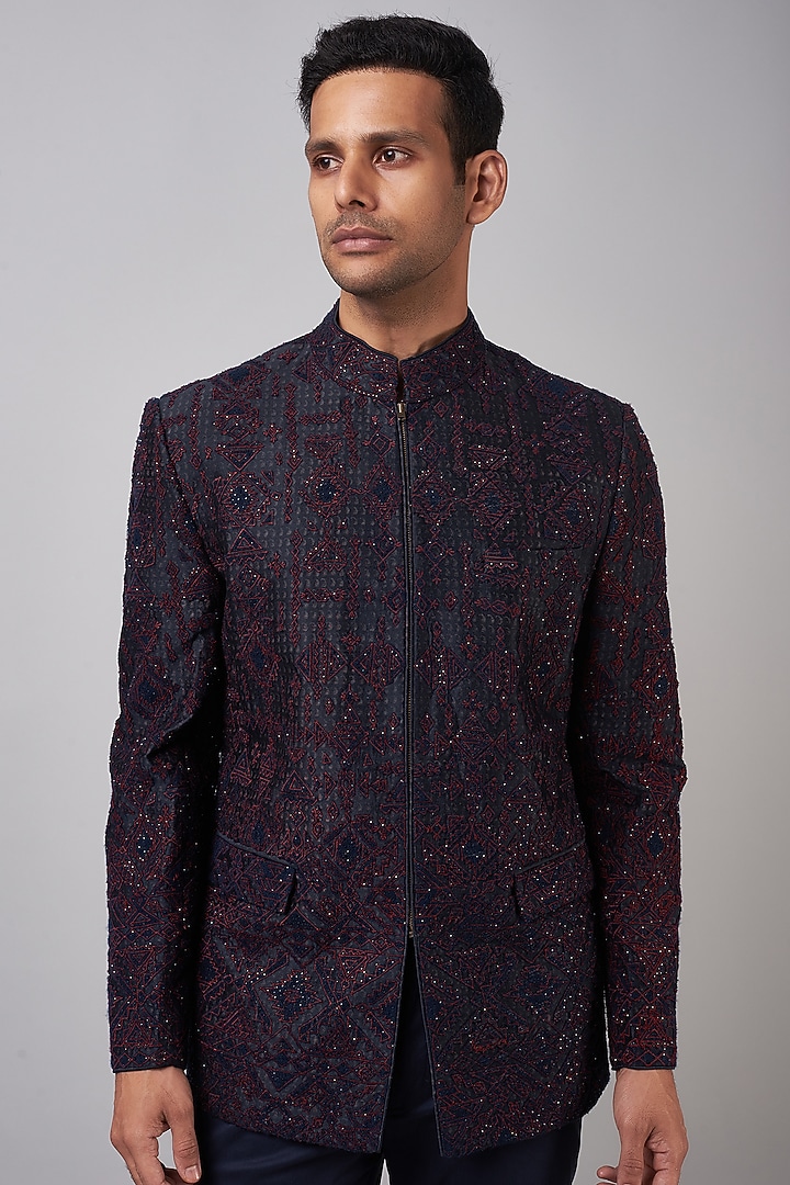 Navy Blue Chanderi Embroidered Groom Bandhgala Set by Shantnu & Nikhil Men at Pernia's Pop Up Shop