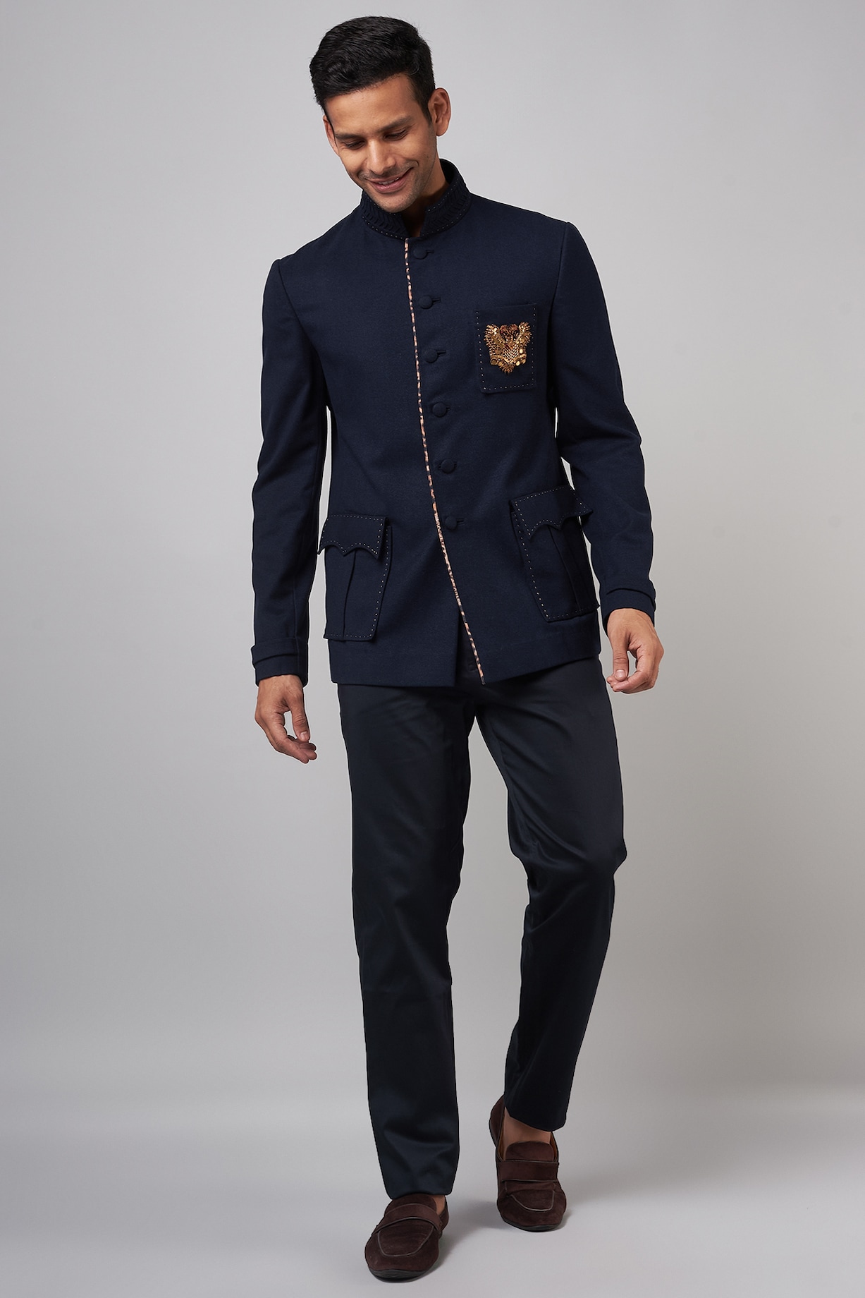 Navy Blue Felt Bandhgala Set by Shantnu & Nikhil Men at Pernia 