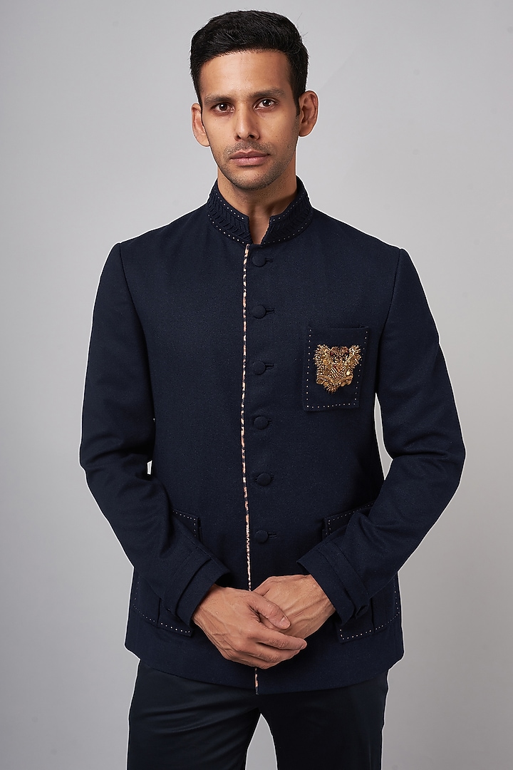 Navy Blue Felt Groom Bandhgala Set by Shantnu & Nikhil Men at Pernia's Pop Up Shop