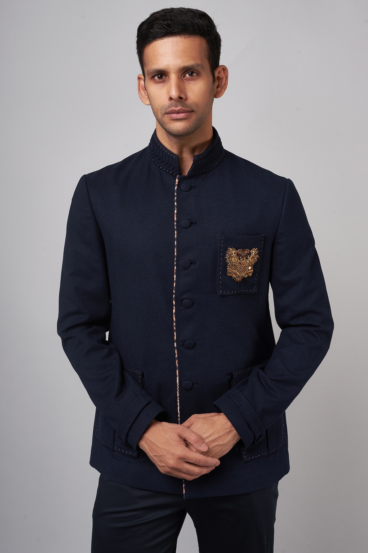 Buy Shantnu & Nikhil Men Navy Blue Felt Bandhgala Set at Pernia ...