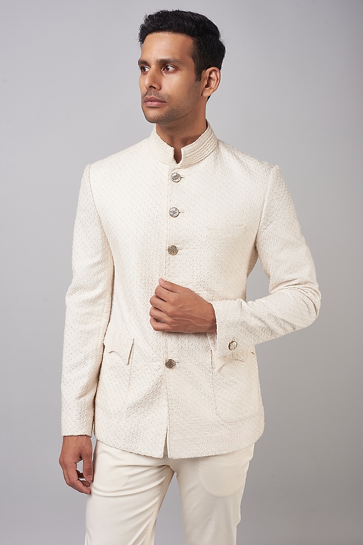 White Chanderi Groom Bandhgala Set by Shantnu & Nikhil Men at Pernia's Pop Up Shop