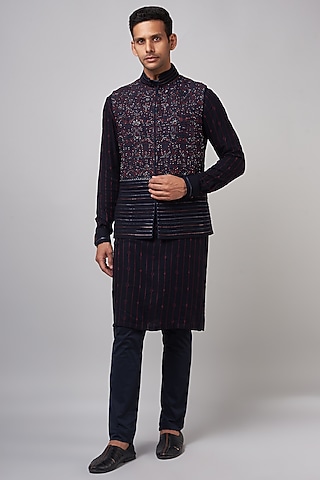 Navy Blue Georgette Embroidered Nehru Jacket Set by Shantnu & Nikhil Men