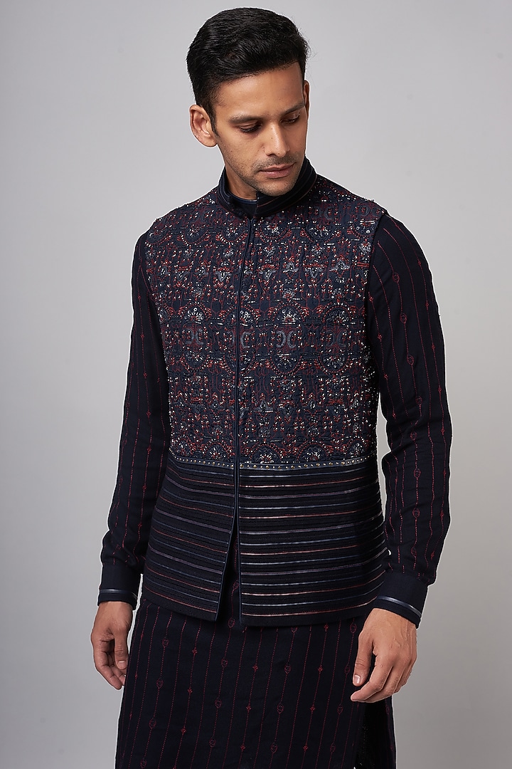 Navy Blue Georgette Embroidered Nehru Jacket Set by Shantnu & Nikhil Men at Pernia's Pop Up Shop