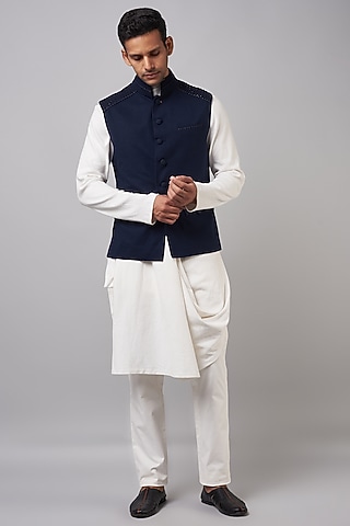 Navy Blue Felt Embroidered Nehru Jacket Set by Shantnu & Nikhil Men