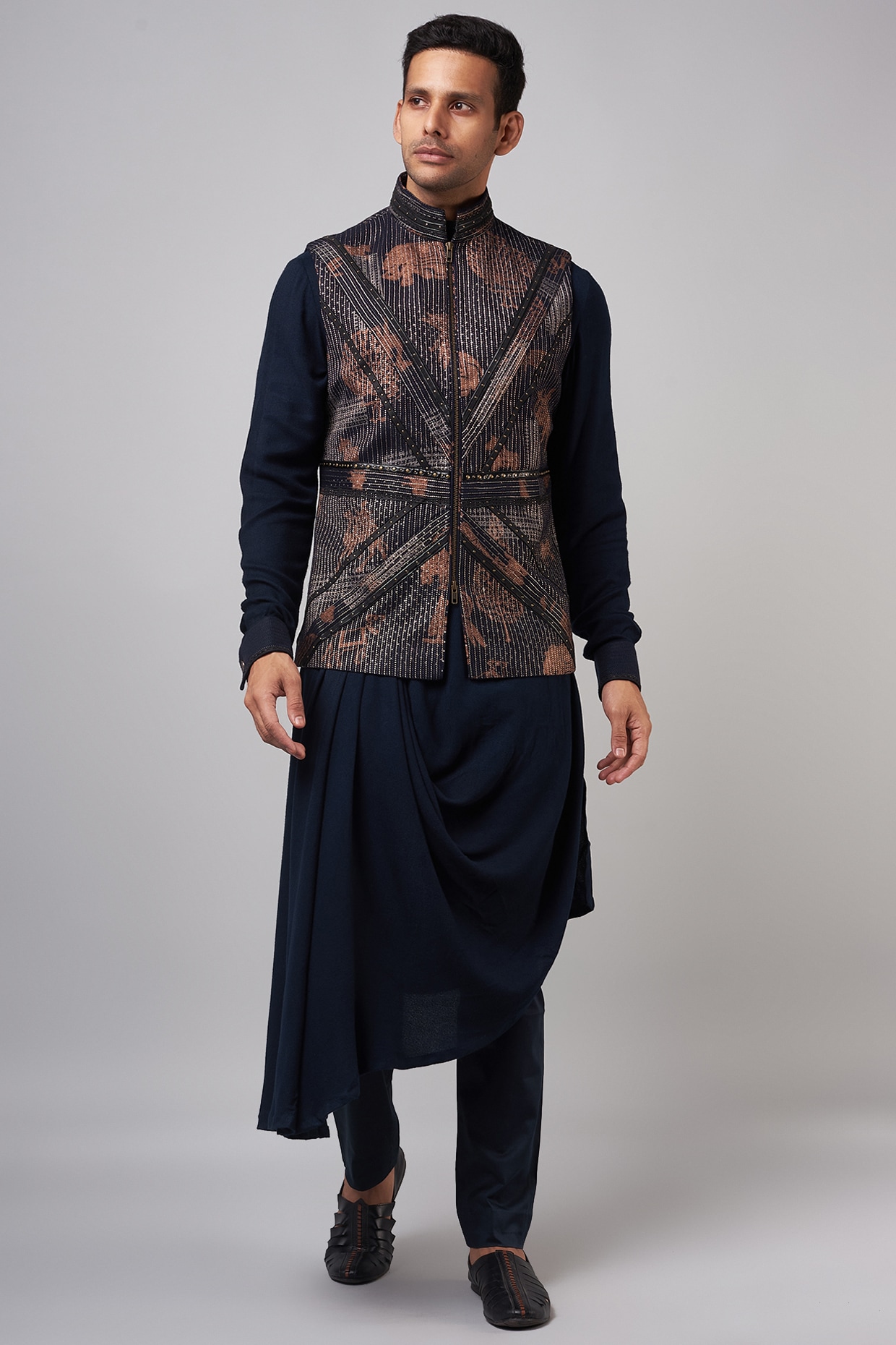 Deep Blue Nehru Jacket Set With Print And Antique Gold Embroidery