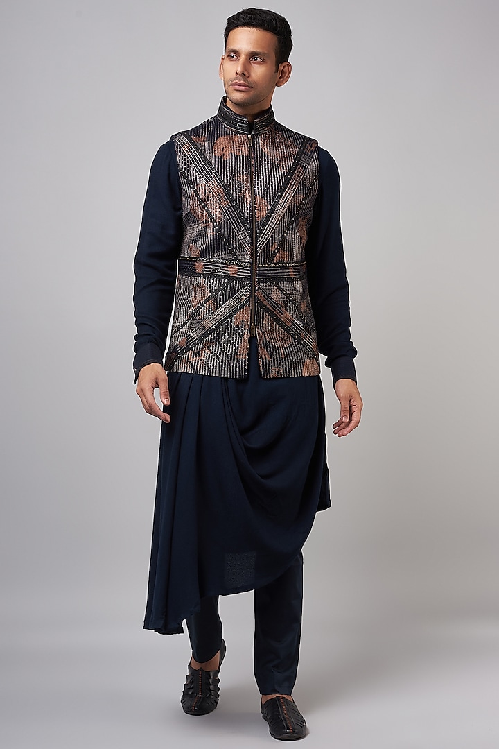 Navy Blue Georgette Printed Nehru Jacket Set by Shantnu & Nikhil Men