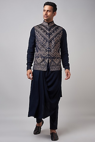 Navy Blue Velvet Embroidered Nehru Jacket Set by Shantnu & Nikhil Men