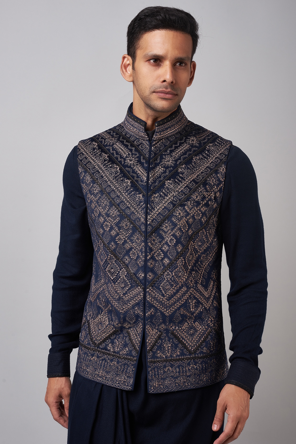 Sojanya (Since 1958) Men's Jacquard Silk Beige Designer Nehru Jacket