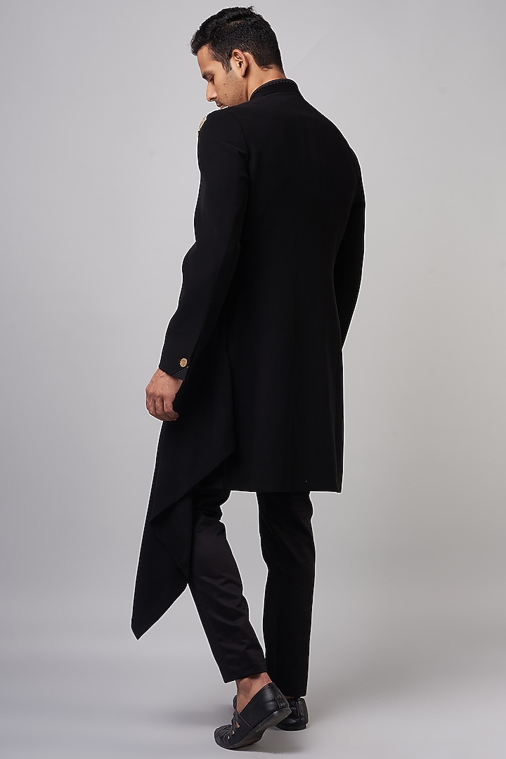 Black Sandwash Embroidered Draped Groom Sherwani Set by Shantnu & Nikhil Men at Pernia's Pop Up Shop