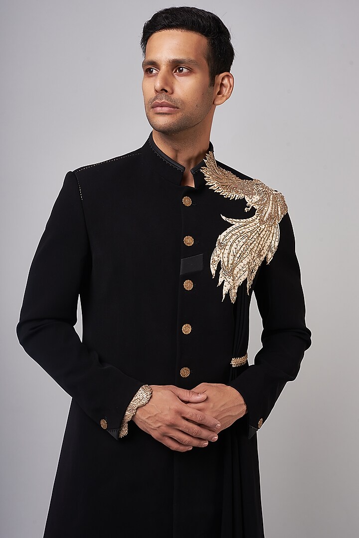 Black Sandwash Embroidered Draped Groom Sherwani Set by Shantnu & Nikhil Men at Pernia's Pop Up Shop
