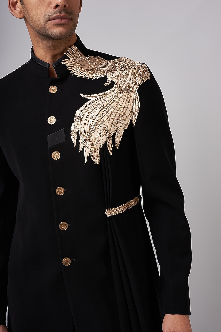 Black Sandwash Embroidered Draped Groom Sherwani Set by Shantnu & Nikhil Men at Pernia's Pop Up Shop